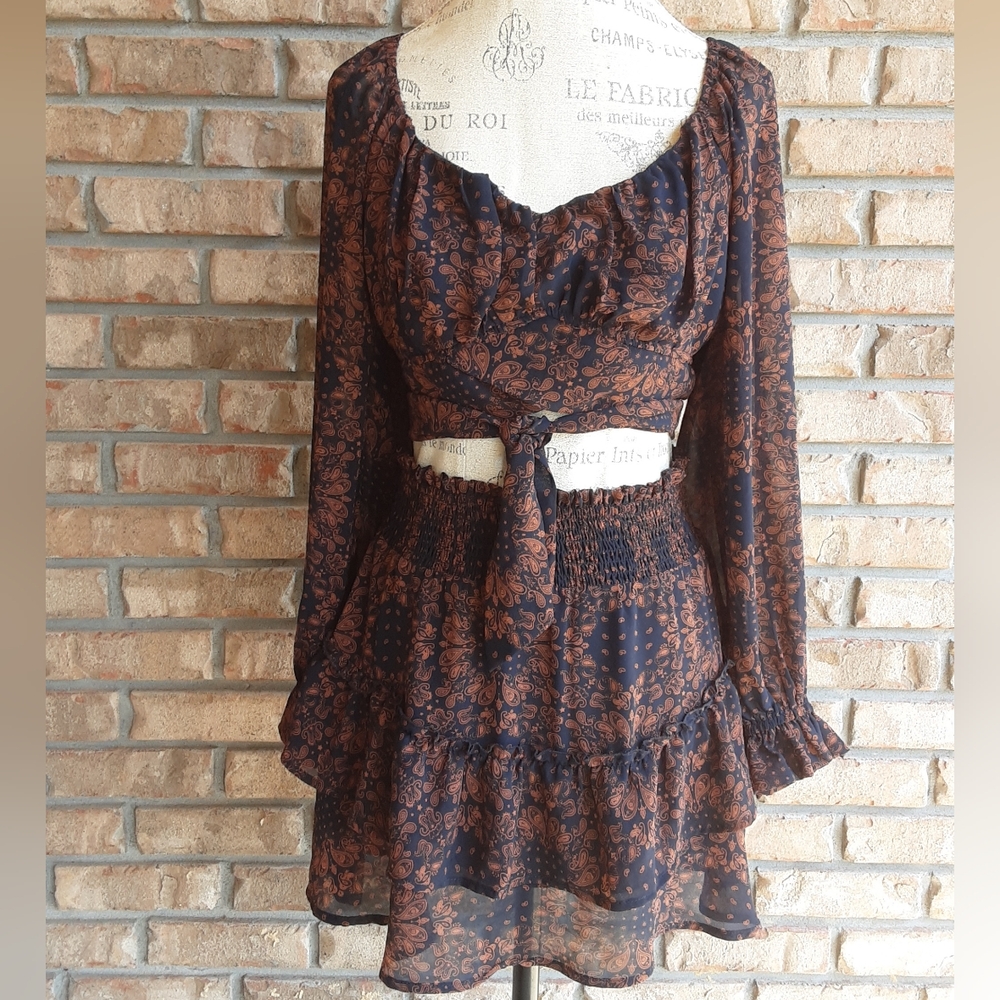Altar'd State 2 Piece Black and Brown Paisley Cropped Top & Mini Skirt.